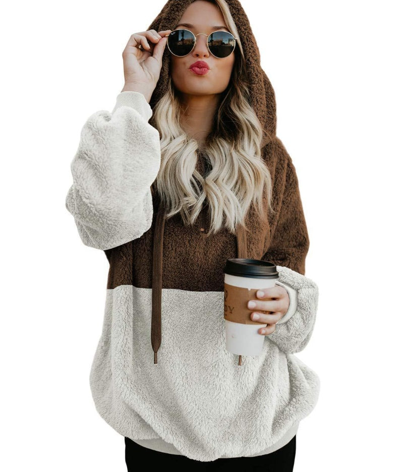 Women Casual Plush Hoodies Zipper Patchwork Hooded Drawstring Sweatshirt Autumn Winter Lady Hooded Warm Loose Tops