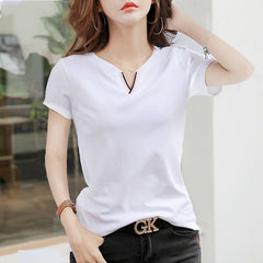 Cotton Short Sleeve T-Shirt Women''s New V-neck Korean