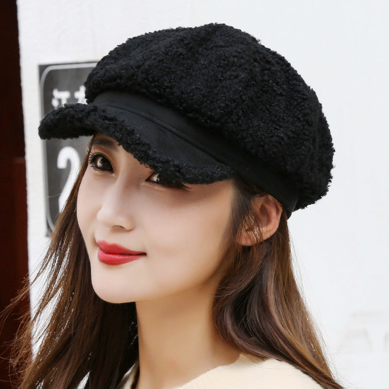 Ladies Beret Autumn And Winter Outdoor Black And White With Lamb Wool Star Anise