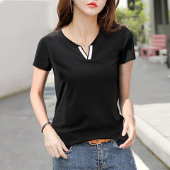 Cotton Short Sleeve T-Shirt Women''s New V-neck Korean