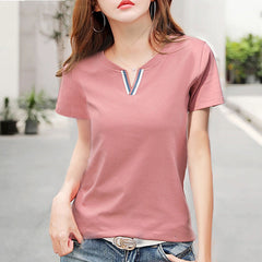 Cotton Short Sleeve T-Shirt Women''s New V-neck Korean