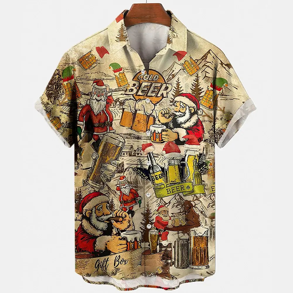 Harajuku Beer Festival Shirt – Santa  carring Foam Overflow mug Graphic 3D Hawaiian Tee