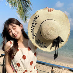 Women Lace Up Large Brim Straw Hat Beach Caps